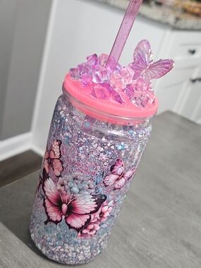 Pink Butterfly Glitter Tumbler with Straw
